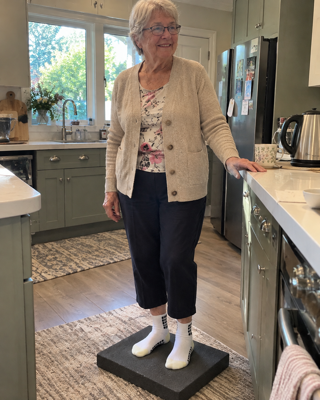 Woman standing on the Footing Pad in her kitchen, fingertips resting on the counter