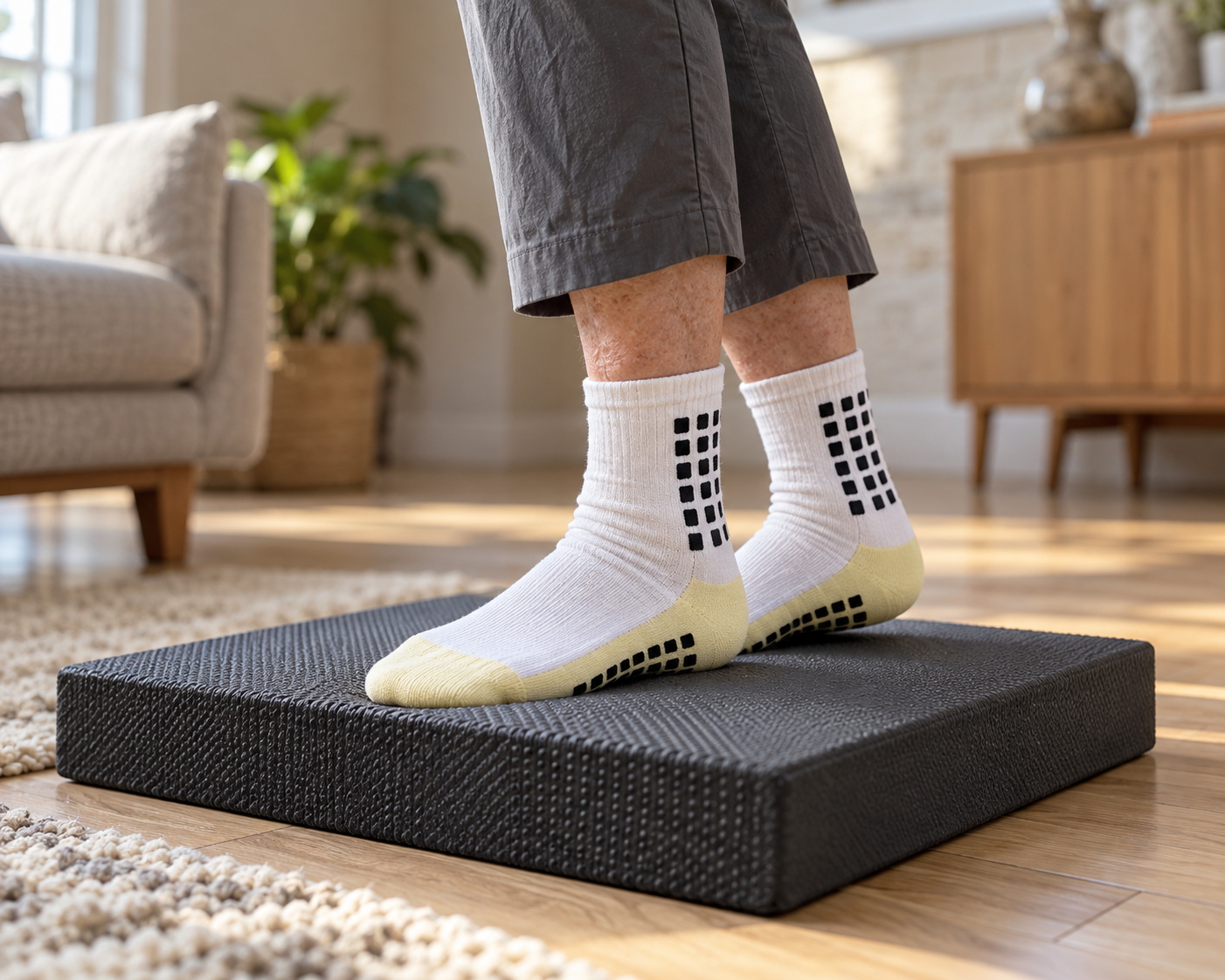 Grip socks on the Footing Pad, with arrows showing small ankle corrections